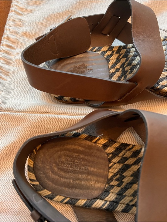 Hermes Men’s Brown Leather Strap Espadrilles Sandals Size 42 US 9 Dust Bags Nice main image 9